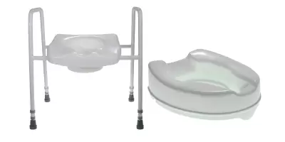 A raised toilet seat toilet frame with a moulded seat