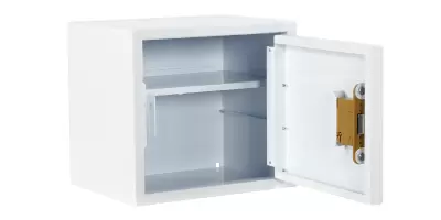 A white medicine cabinet with a strong lock