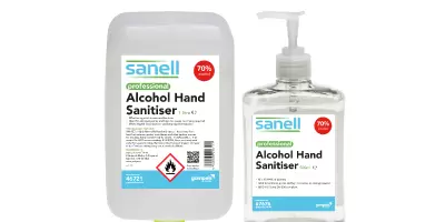 A big bottle of hand sanitiser next to a smaller bottle with a pump top