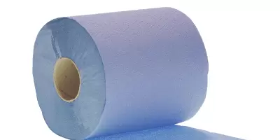 A blue roll on its side, slightly unwound