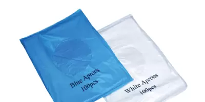 A manikin wearing a blue apron with the packets showing either side