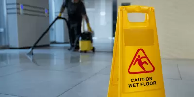A wet floor sign with a janitor mopping in the distance