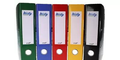 A selection of files and folders in blue green and red